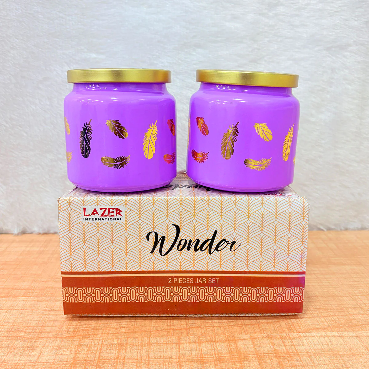 TM0077 Wonder Lime Green Feather Design Decorative Jar with Gold Lid - 2pc - Image 3