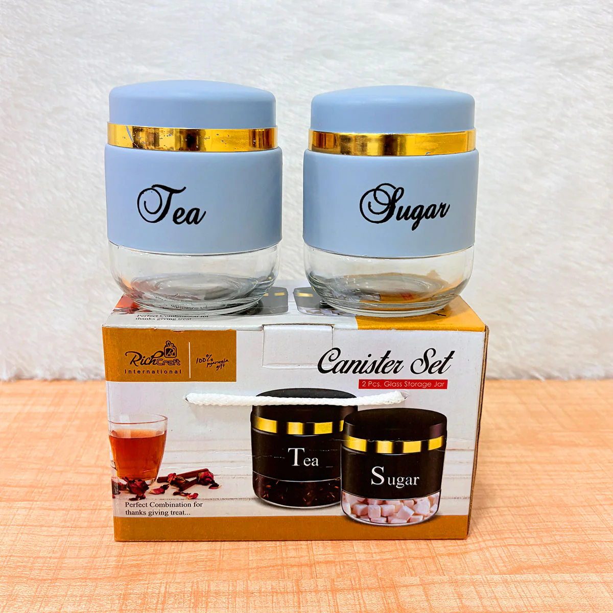 TM0078 2-Piece Glass Tea & Sugar Canister Set – Powder Blue & Gold - Image 3