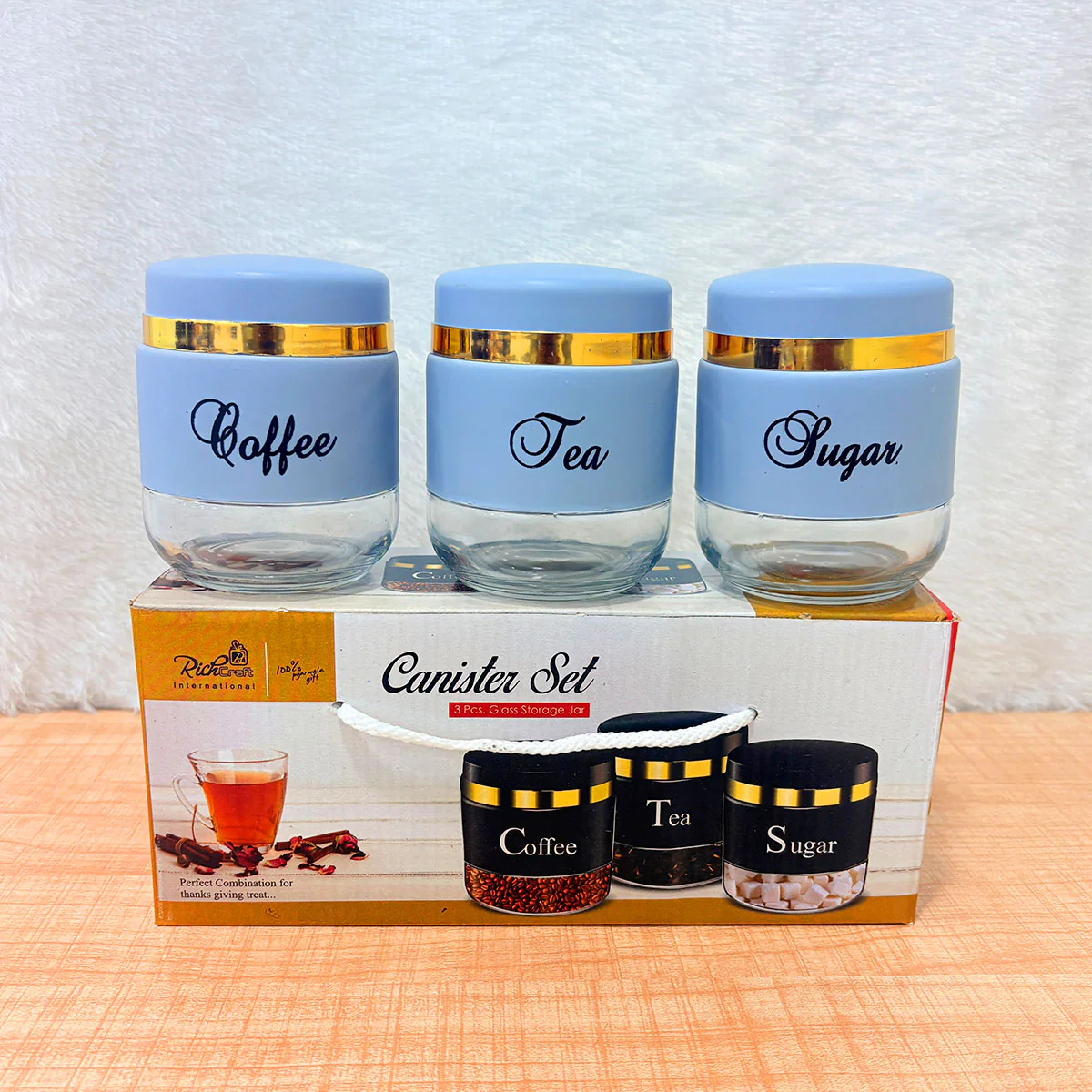 TM0079 3-Piece Glass Coffee, Tea & Sugar Canister Set – Powder Blue & Gold - Image 3