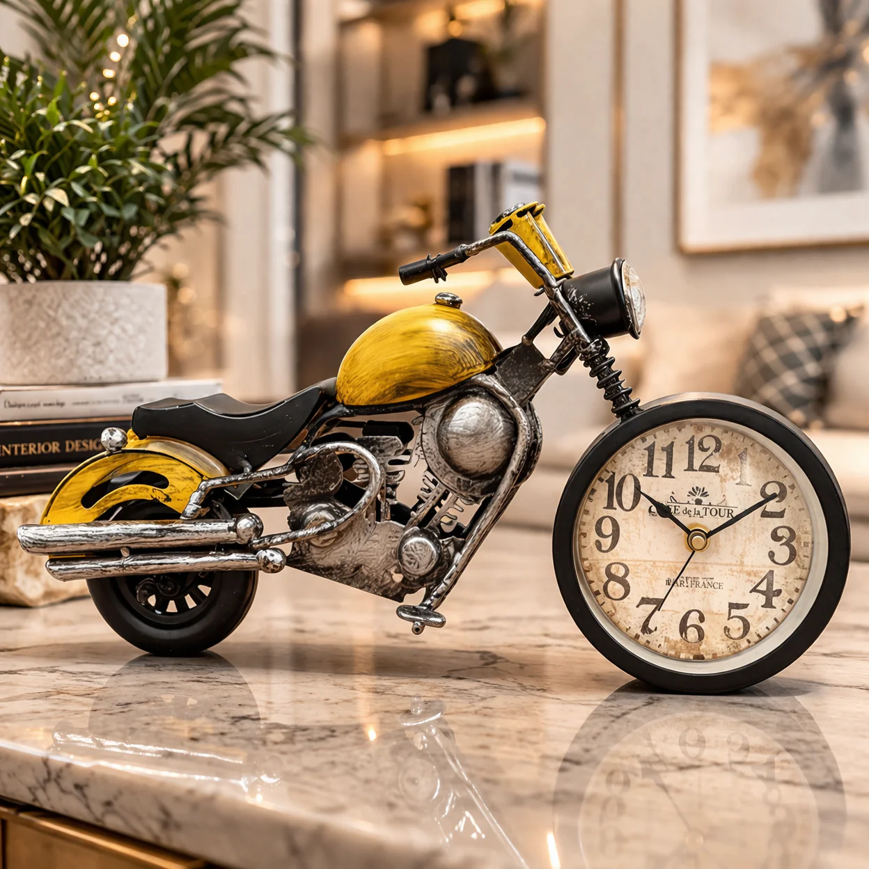 TM0113 Vintage Cruiser Motorcycle Table Clock β Retro Industrial Metal Bike Desk Ornament - Pack Of 1