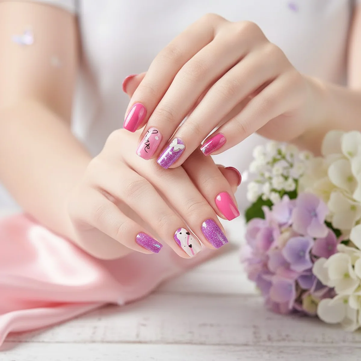 TM0167 Mix-Design Pink & Purple Heart Pattern Press-On Nail Set (12-Piece) - Image 2