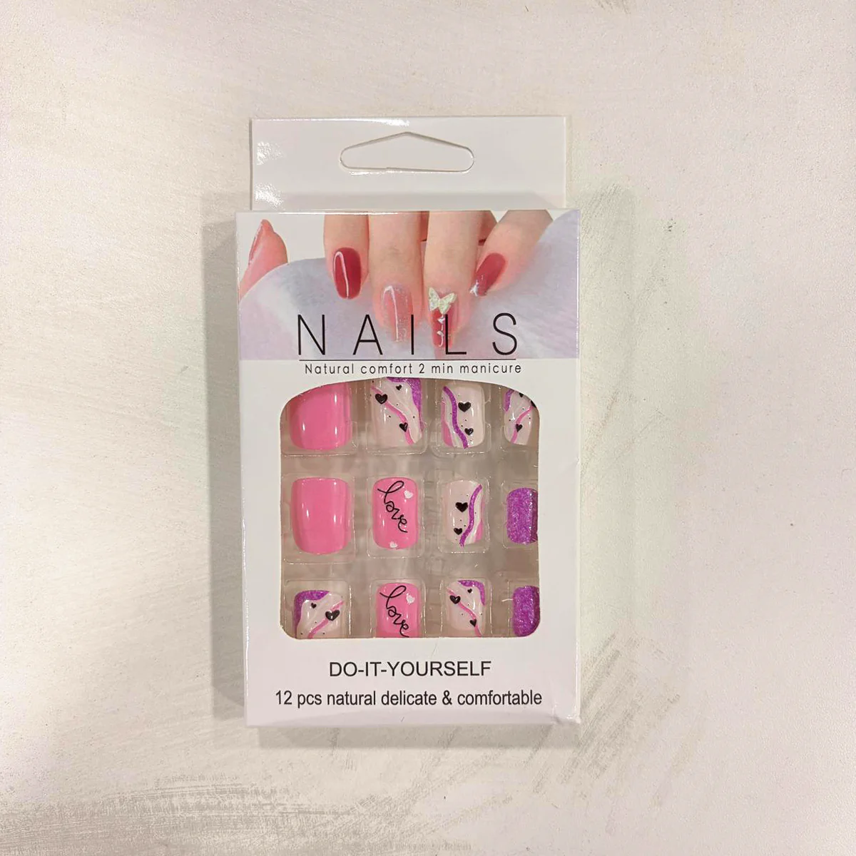 TM0167 Mix-Design Pink & Purple Heart Pattern Press-On Nail Set (12-Piece) - Image 3