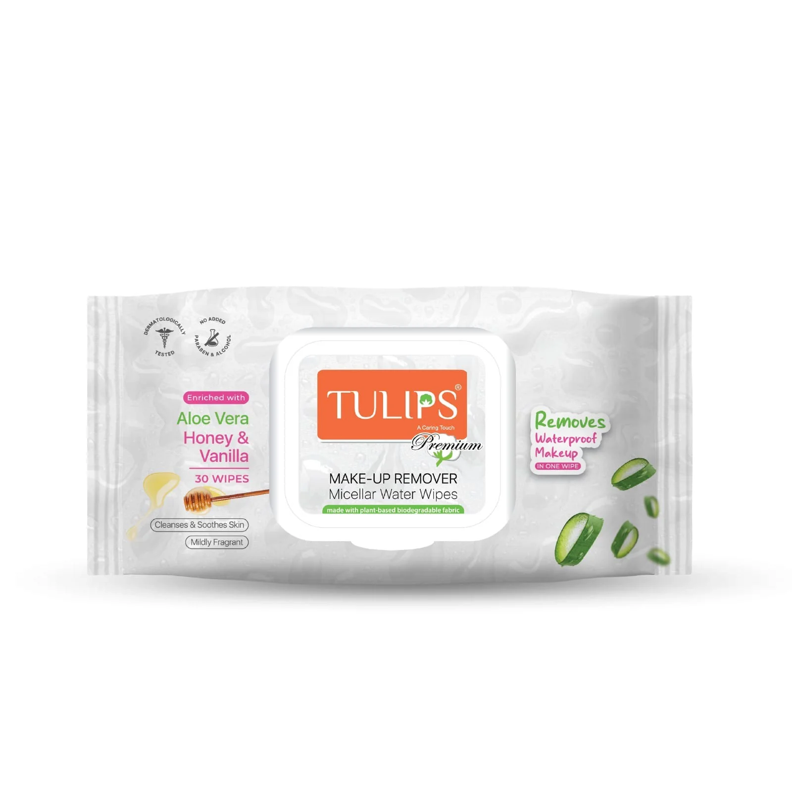 AM2936 Tulips Premium Waterproof Makeup Remover Micellar Water Wipes 30 wipes each pack Remover face, eyes & lips makeup Aloevera extracts - Image 2