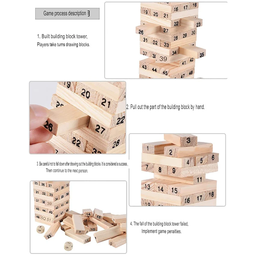 AM6429 Wooden Building Blocks Puzzle 54 Pcs Challenging 4pcs Dice - Image 2