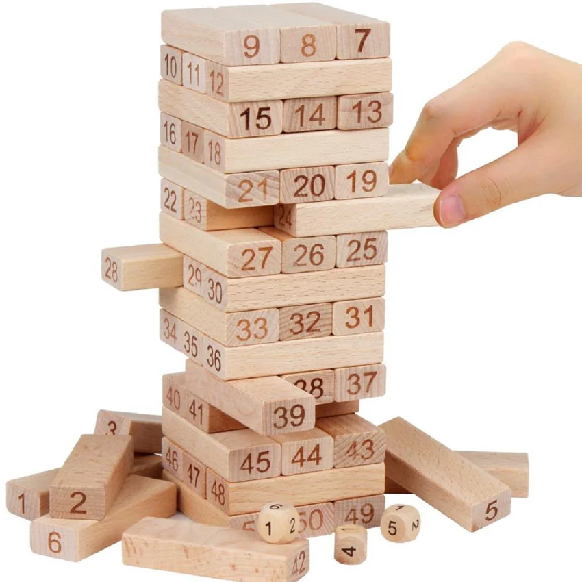 AM6429 Wooden Building Blocks Puzzle 54 Pcs Challenging 4pcs Dice - Image 3