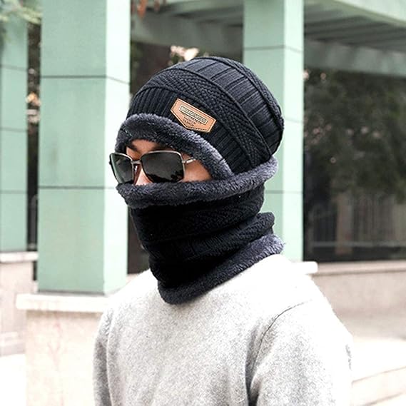 AM2759 Woolen Beanie Cap & Muffler for Men’s & Women black - Image 2